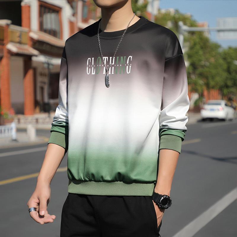Men's Gradient Long Sleeve Pullover: Spring & Autumn Korean Style Loose Fit Letter T-Shirt.