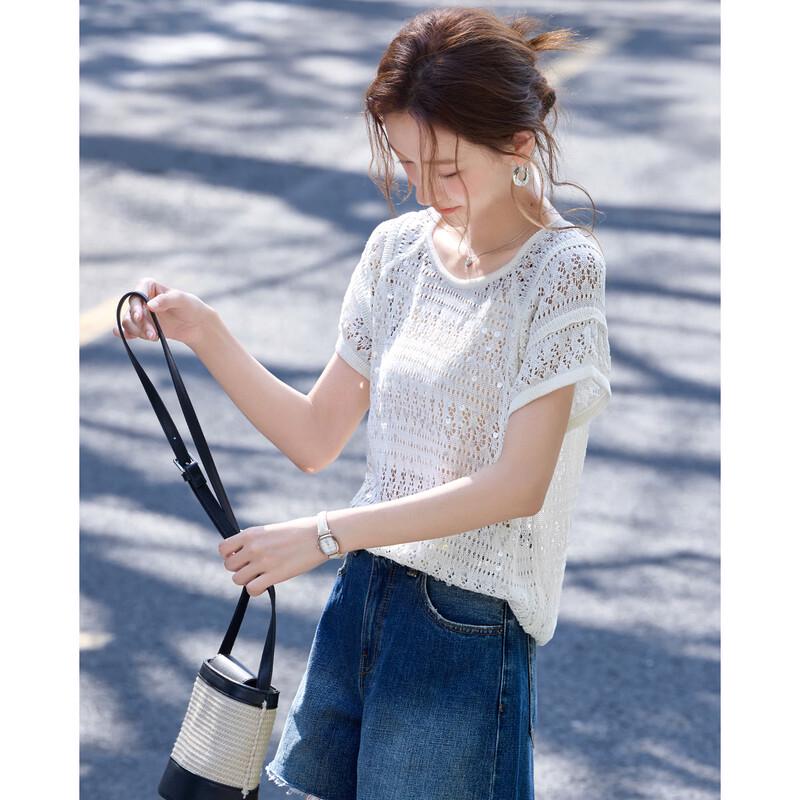Shangjing Women s Sequin Knit Short-Sleeve T-Shirt M