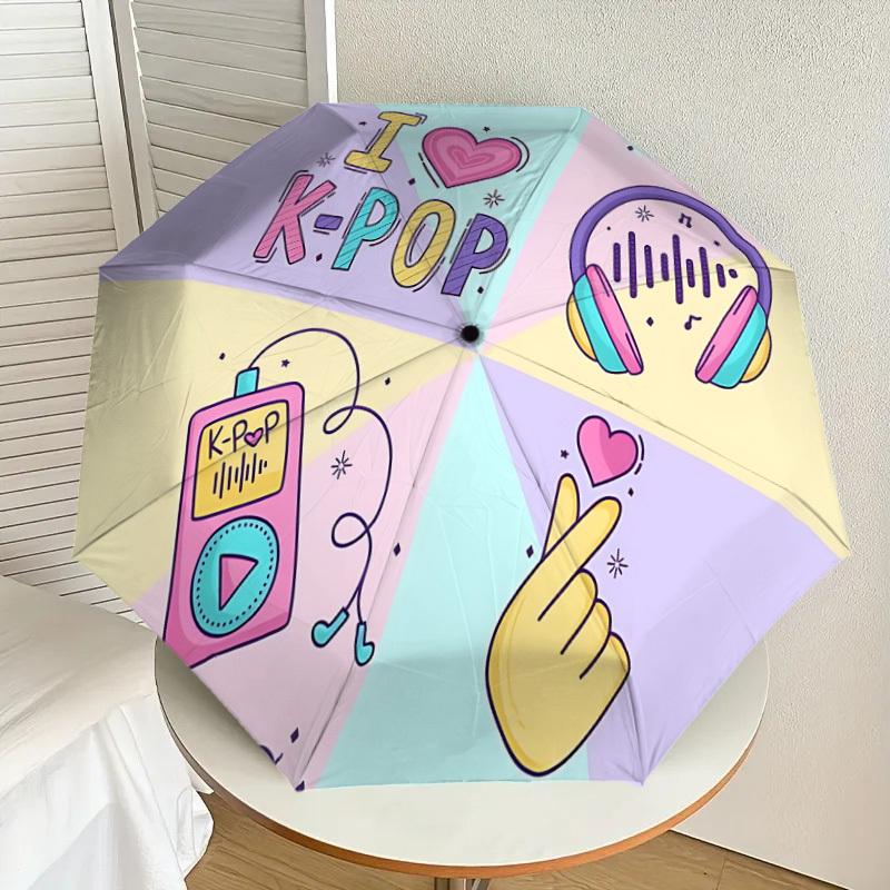 1PC K-pop I Love K-pop Automatic Open/Close Umbrella with Windproof, 8-Rib Sturdy Canopy, Durable Ribs, Fashionable Design, Outdoor Accessory, Fun Pri