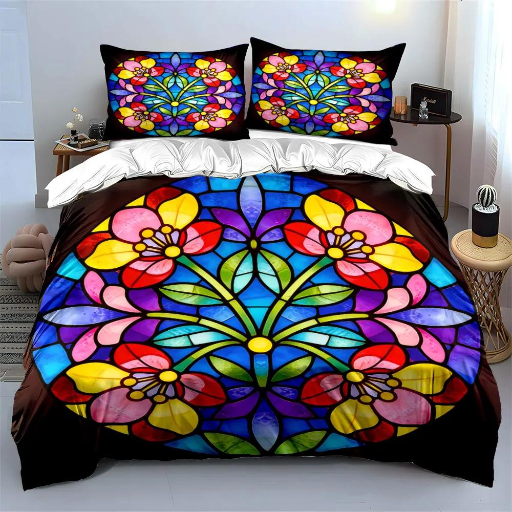 Colorful Floral Glass Art Set Soft Comfortable Duvet Cover Bedding Set Included 1*Duvet Cover & 2*Pillowcases gift