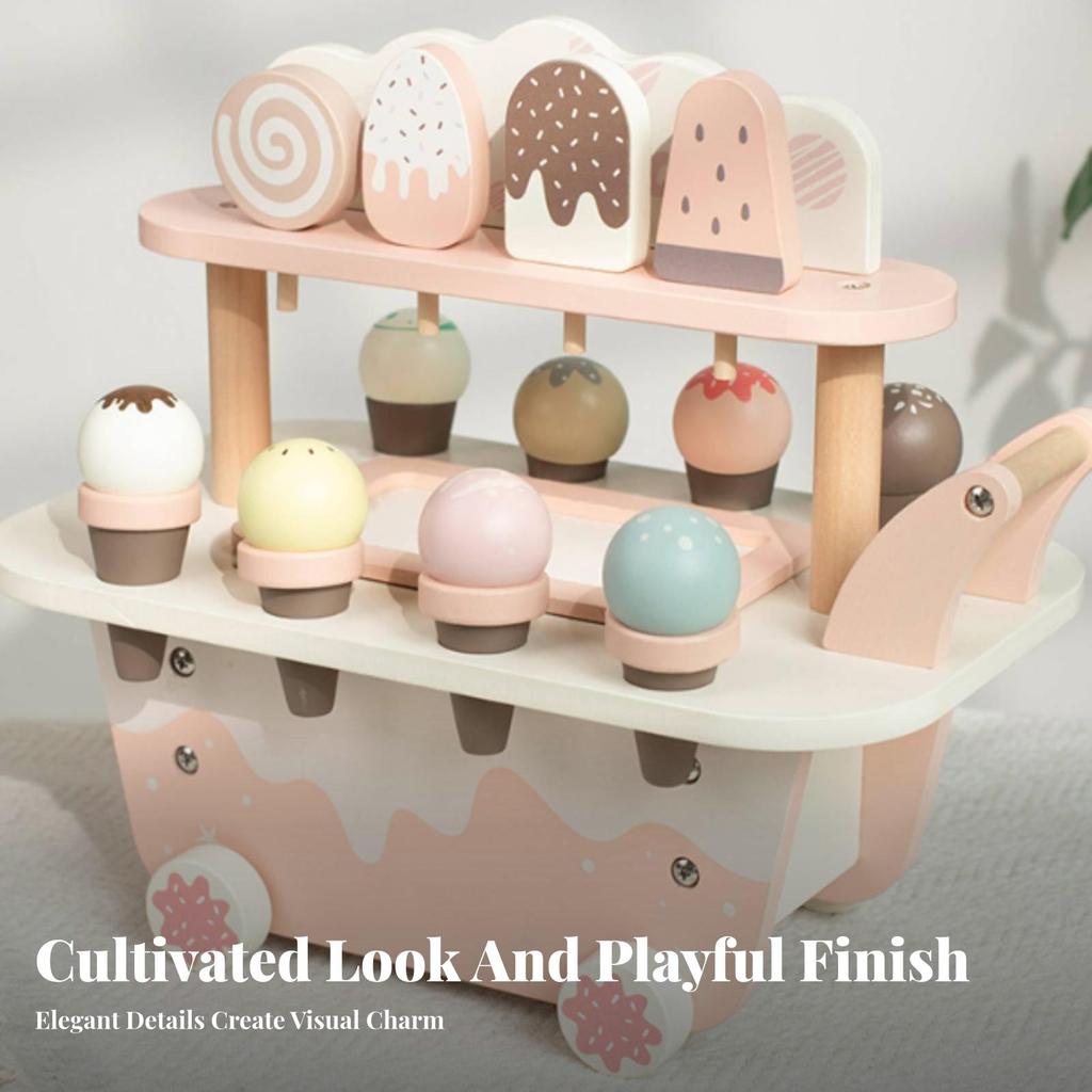 Pretend Ice Cream Cart Wheeled Wooden TwoLevel Play Treats Set for Kids