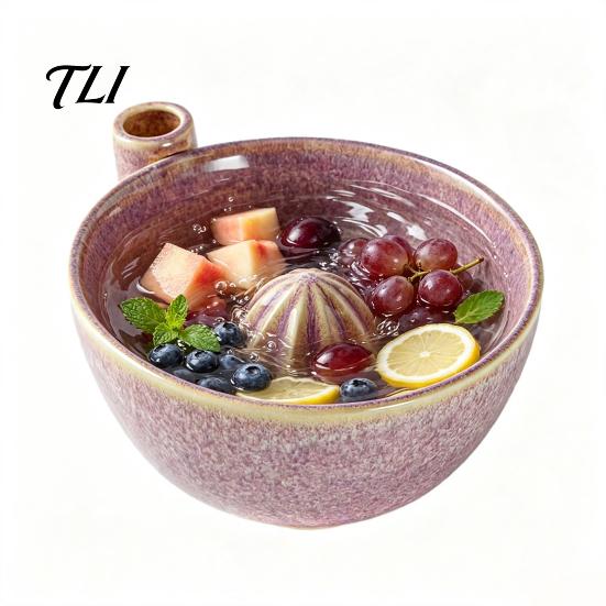 Stylish Kitchen Counter Accessories Berry Swirl Draining Bowl with Silicone Pad, Ceramic Retro Kiln Decorative for Tabletop Fired Colander,
