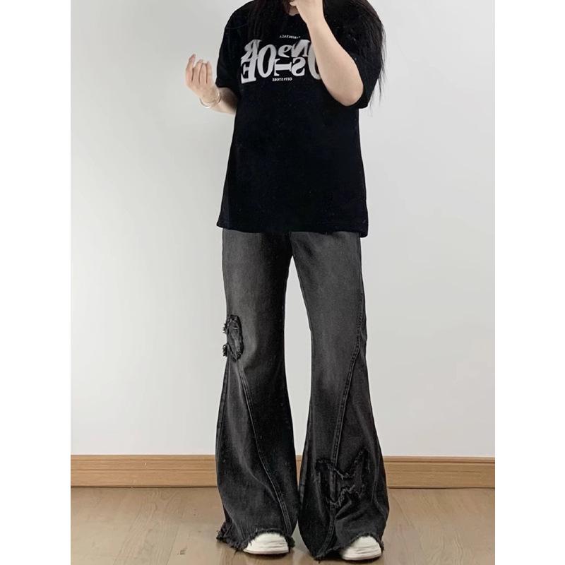 

Женские джинсы микроклеш с низкой посадкой, пэчворк из черного и серого цвета с нашивками в виде бабочек - Облегающий крой, необработанный край, длина в пол, весна и осень. S