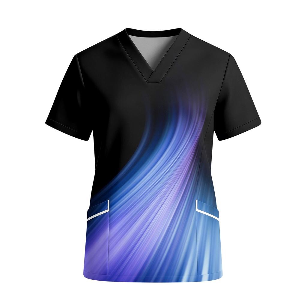 Women V Neck Short Sleeve Scrub Top with Pockets Printed Shirt for Healthcare Professionals Uniform
