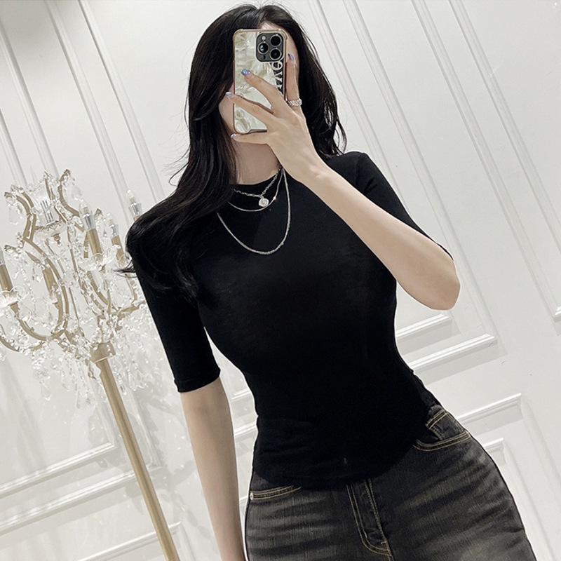 Dongdaemun Women's Slimming Sheer High Neck Mid-Sleeve Top