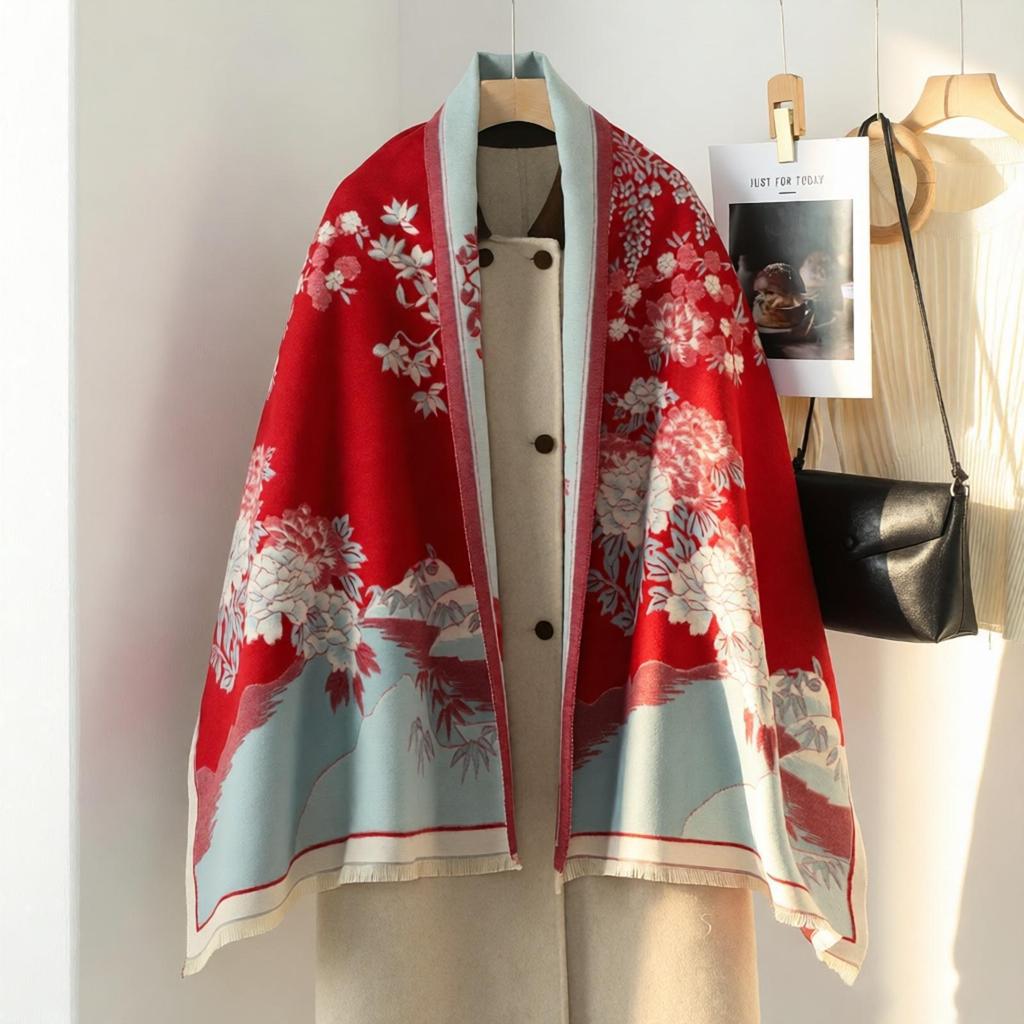 Double-Sided Women's Winter Ink Painting Snood: Imitation Cashmere Scarf for Air-Conditioned Rooms.