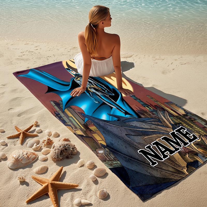 Custom Name Batman Cityscape Stylish Digital Printing Beach Towel Quick‑Drying Absorbent Blanket for Beach Pool Gym Travel
