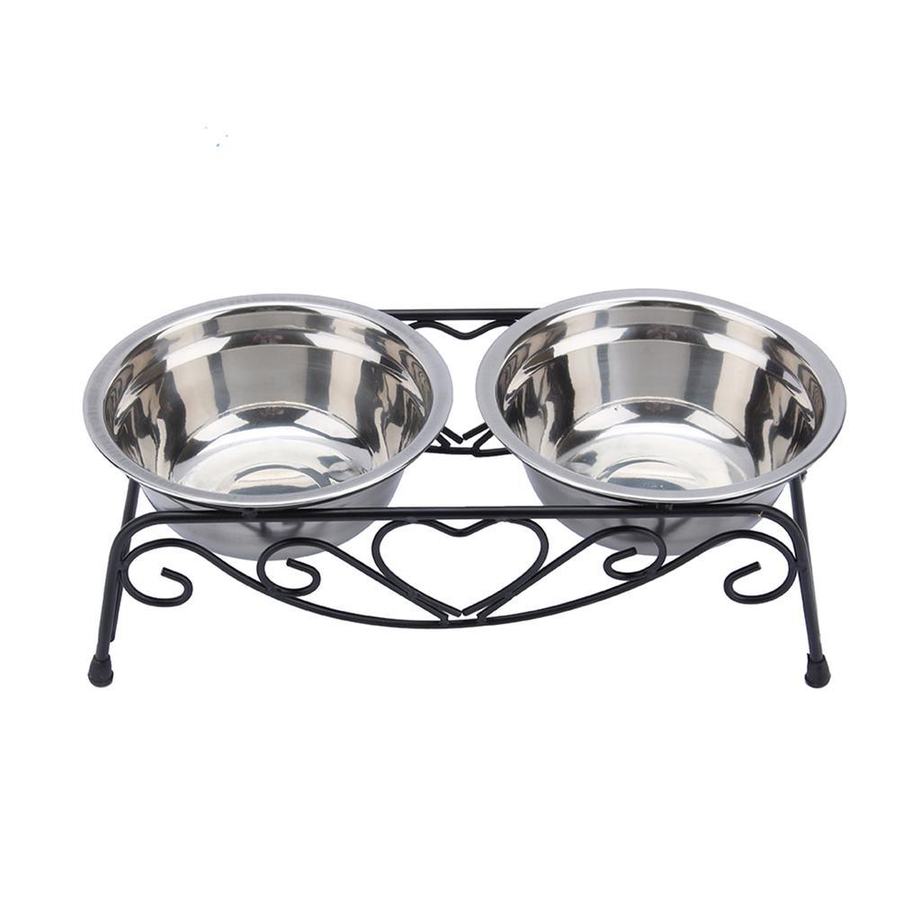 Stainless Steel Double Dog Cat Food Water Bowls Feeder Dishes Shelf Stand