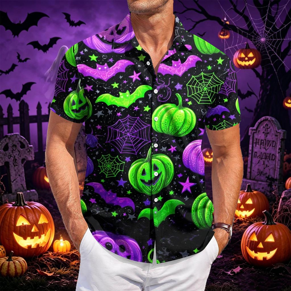 Men Fashion Casual Halloween Printed Short Sleeve Shirt Button Down Collared Top Flame Pumpkin Pattern Relaxed Fit Lightweight Material
