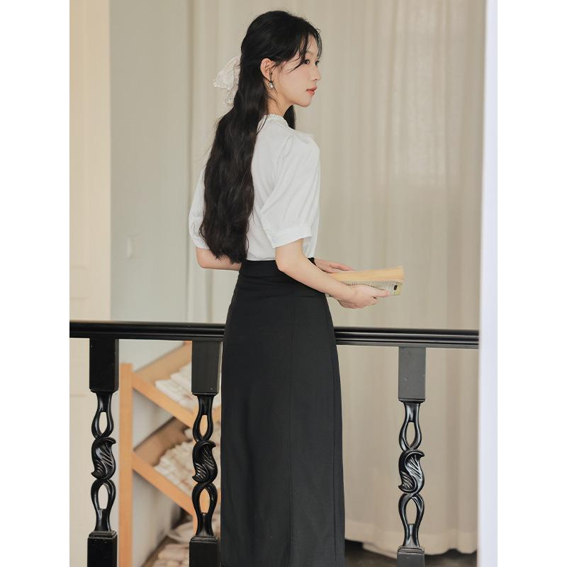 Summer Short-sleeved White Interview Dress Lace Bow Lace-up Shirt Top