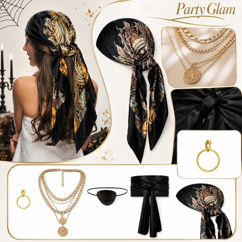 Set di Accessori Costume da Pirata Include Foulard Bandana Cintura in Vita Collana Braccialetto e Benda sull'Occhio per Festa di Halloween Cosplay
