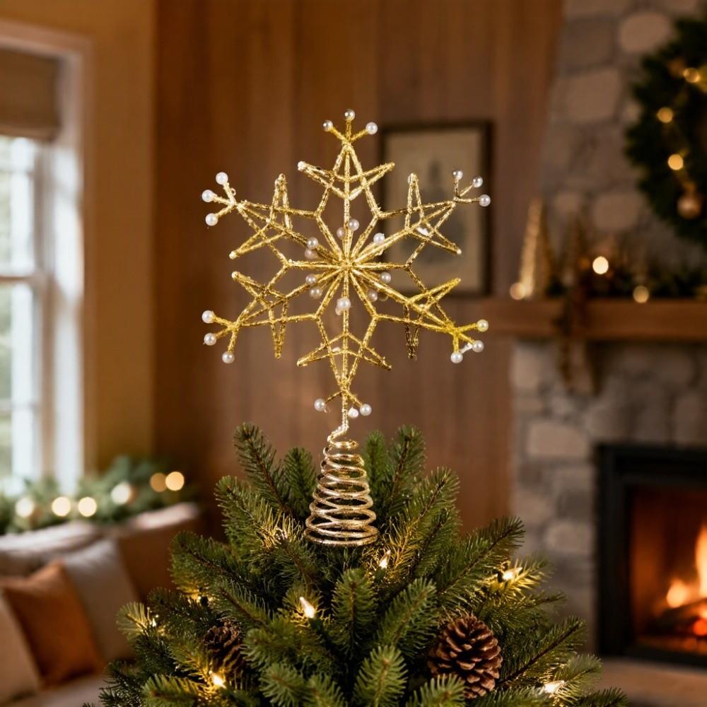 Iron Snowflake Tree Topper Pearl Accent Xmas Tree Top Ornament Christmas Scene