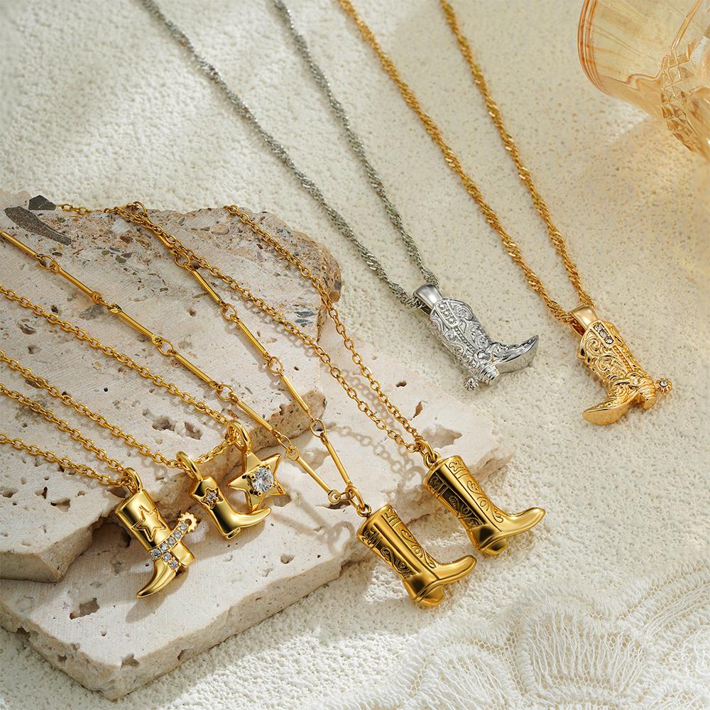 Stainless Steel Waterproof Cowboy Boot Choker Necklace Creative Cowgirl Hat Rhinestone Star Pendant Polished Gold Color Jewelry