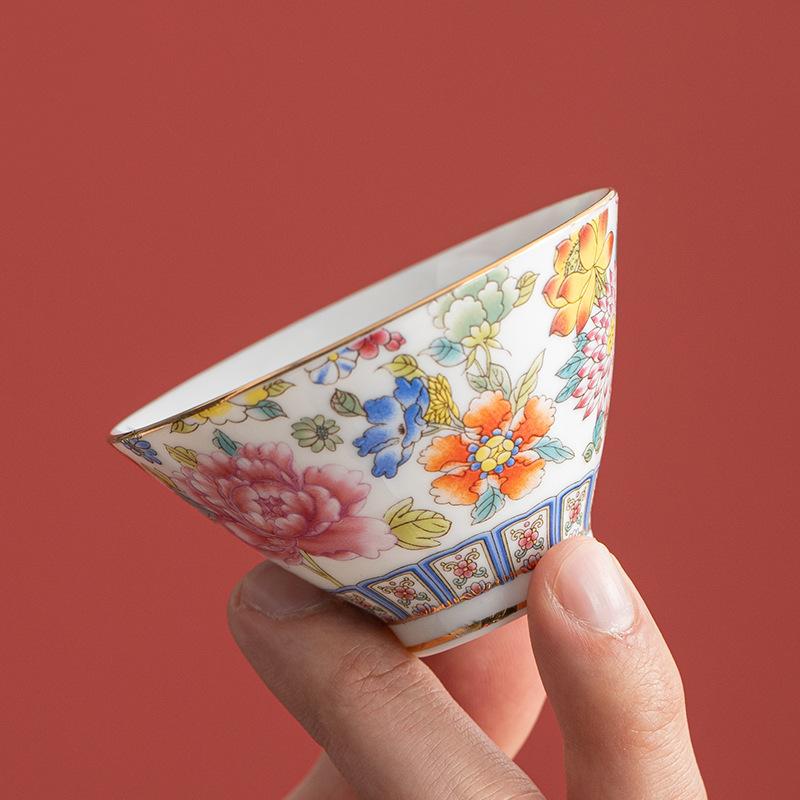 NEW Vintage Enamel Ceramic with Flower Pattern, Household , Single Cup for Tasting Tea, Simple Gift Set