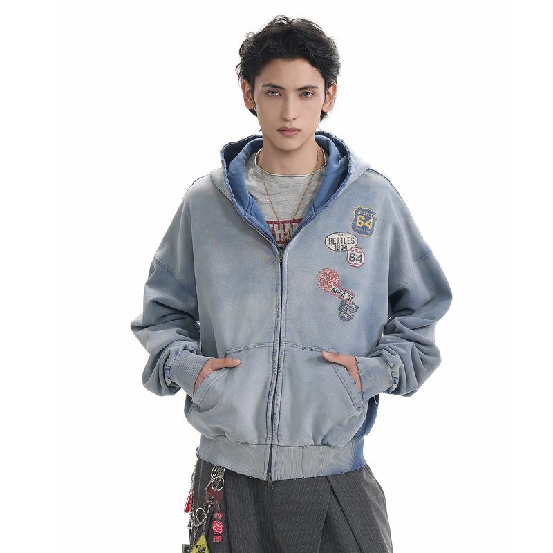 

Acrardic High Street Heavy-Duty Distressed Label Short Zip-Up Hoodie for Men, Niche Washed Cardigan Top, Trendy Blue XL