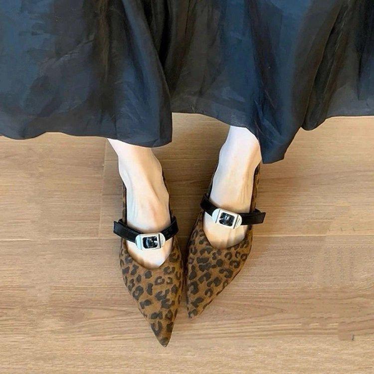 Temperament retro leopard print single shoes spring new low heel shallow mouth pointed one-word buckle with Mary Jane