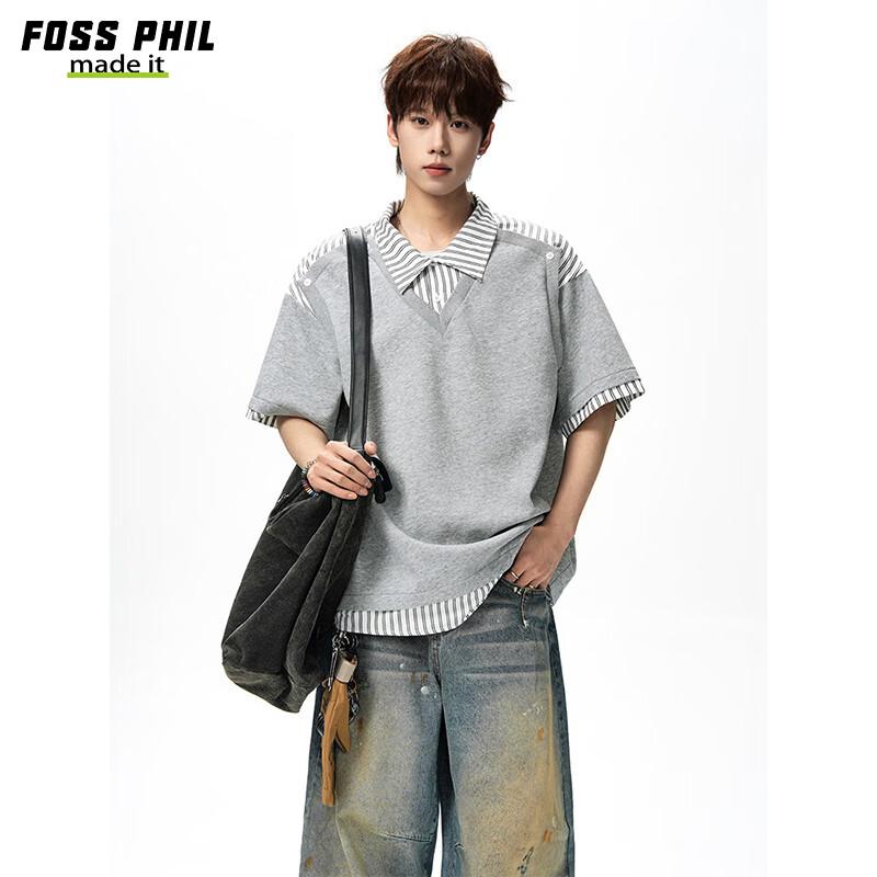 Foss Phil Men's Summer Loose Fit Short Sleeve Polo Shirt Fake Two-Piece Shirt Collar T-Shirt