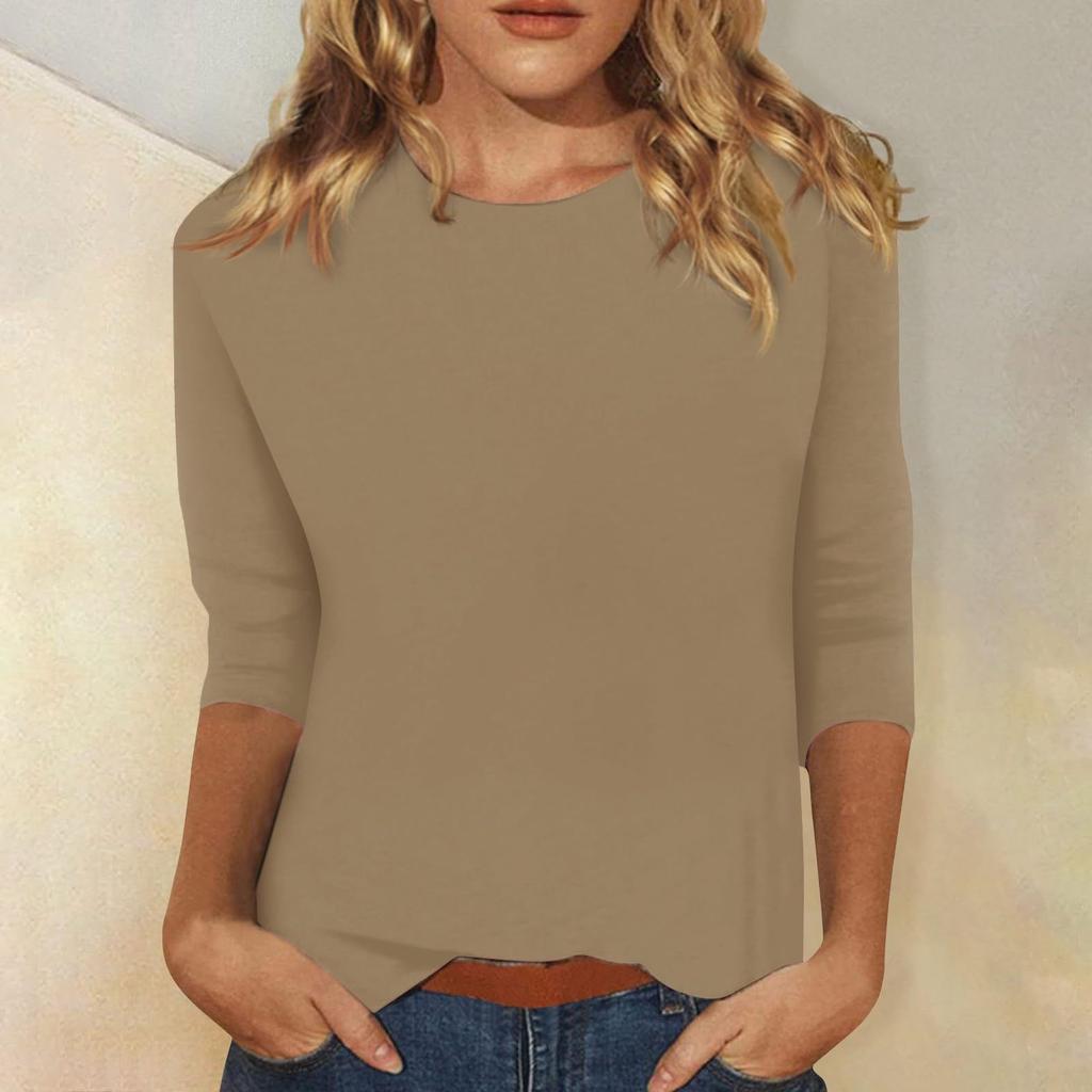 T-shirt uni à col rond et manches 3/4 pour femme - Haut décontracté à coupe ample