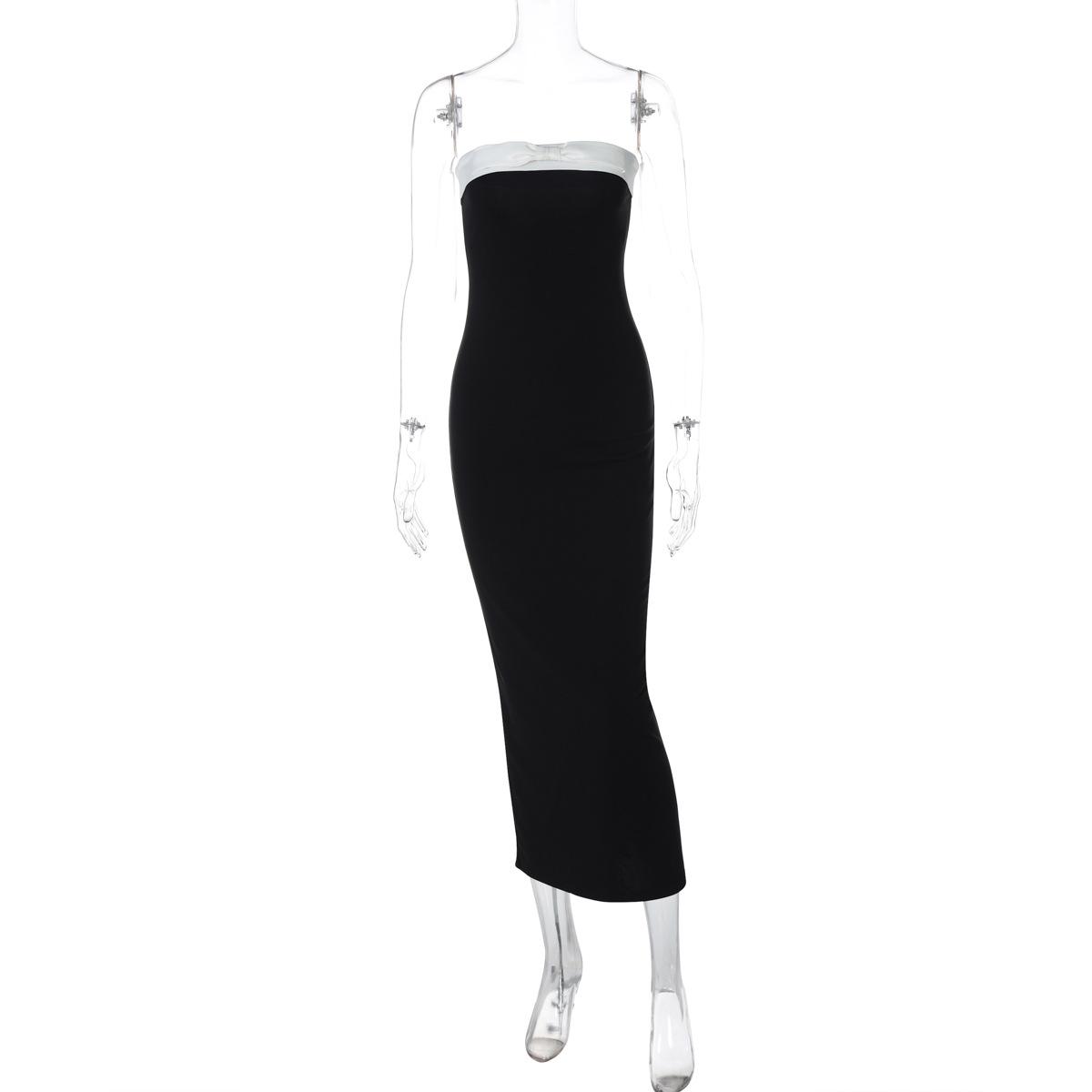 Women s Spring and Summer New Sexy Tube Top Black and White Color Matching Waist and Thin Slit Dress S чёрный