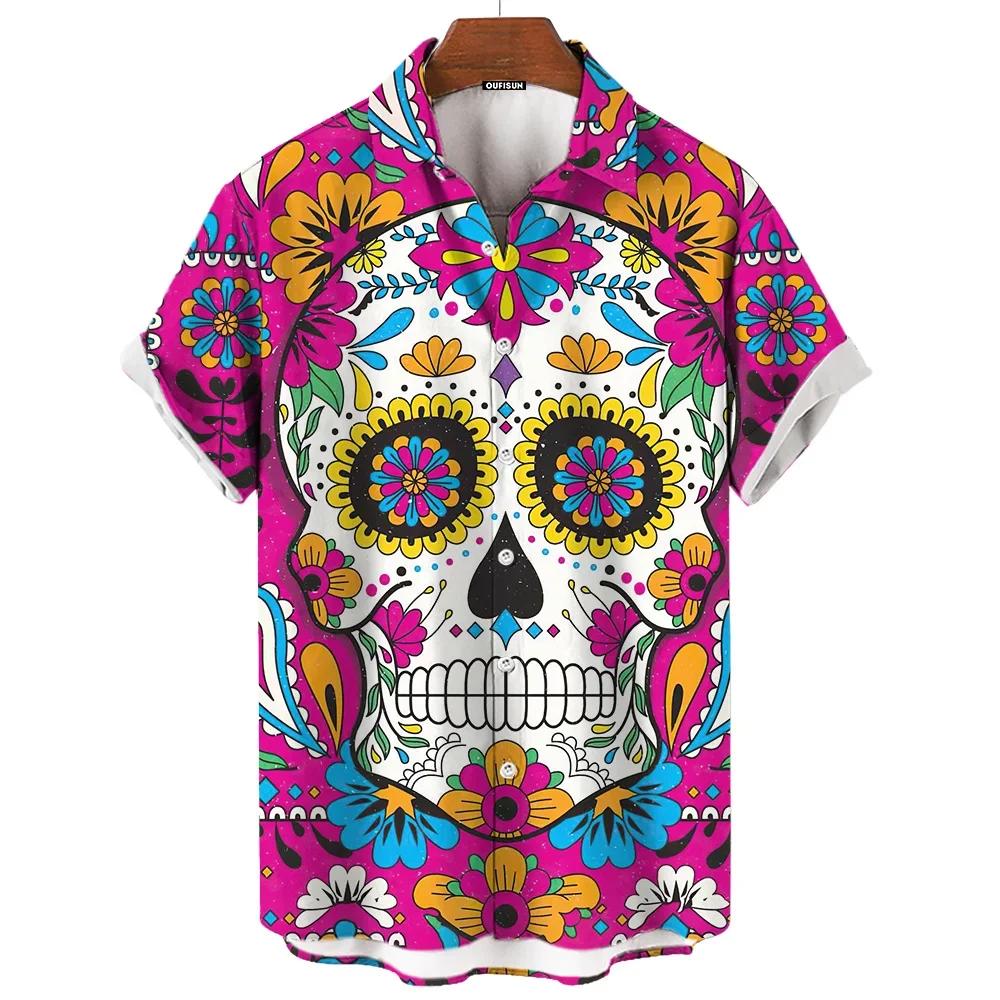 Men's Shirts Skull Face 3d Print Short Sleeve Day of The Dead Shirt Skull Retro Loose Oversized Man Clothing Festival Clothing