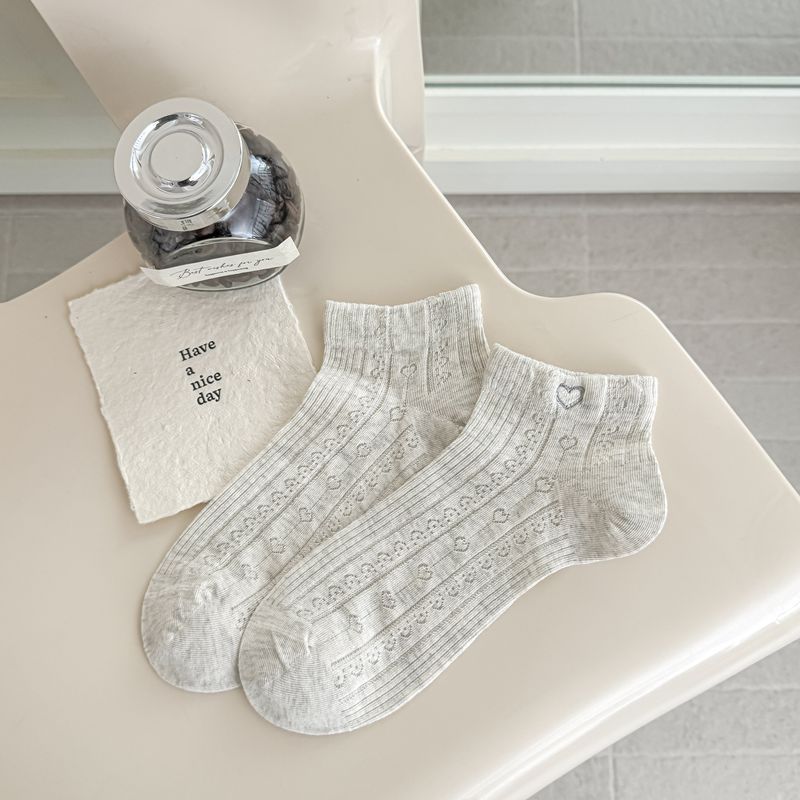 Sock Set - Spring/Summer - Heart Embroidery - Versatile - Stretch-Free - Solid Color - Mesh - Breathable - Short Tube - Boat Shoes - Cotton