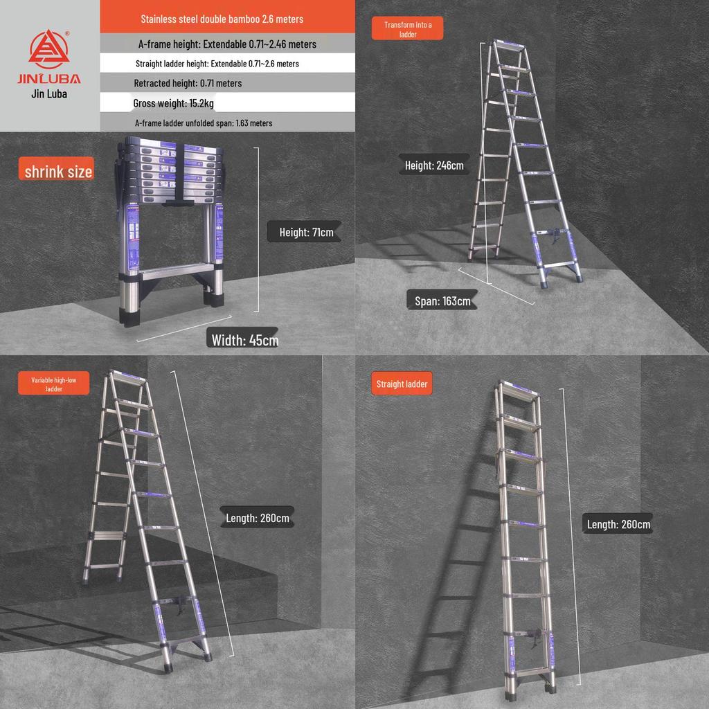 Jinluba Aluminum Telescopic A-Frame Ladder - Thickened, Stainless Steel, Bamboo Joint, for Household & Engineering Use