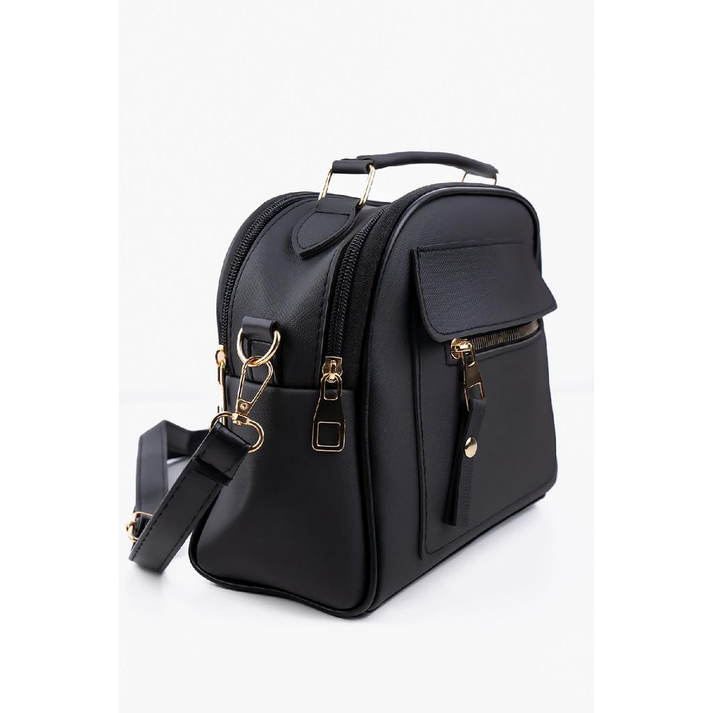 Damen-Hand- und Umhängetasche aus schwarzem Lacost-Leder mit 3 Fächern und verstellbarem Riemen