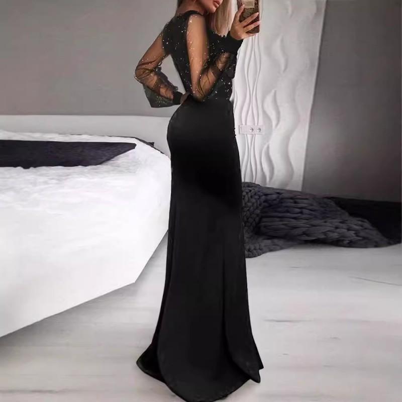 Black Mesh Sequin Wrap Dress With V-Neck Mid-Waist Fitted Silhouette Elegant Office Wear Long Skirt