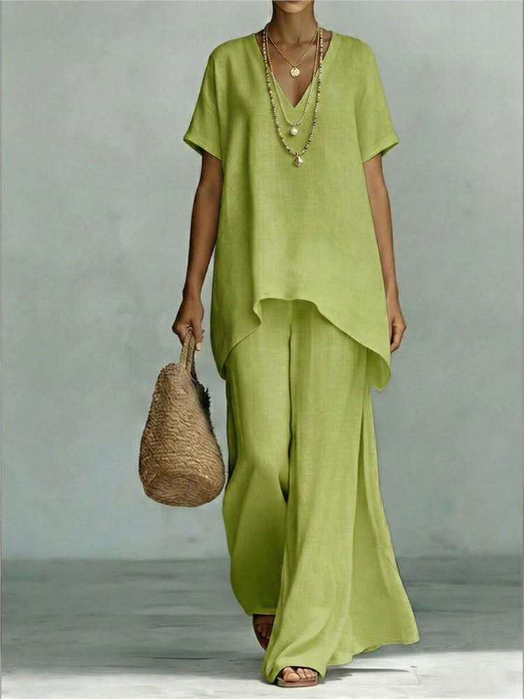 Fashion Loose Cotton Linen Short-sleeved Trousers 2 Piece Set Women Summer Casual V-neck Retro Female Wide-leg Trousers Suit