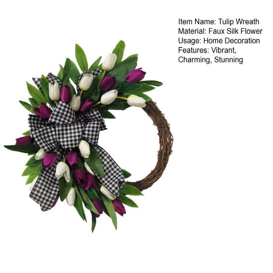 Tulip Wreath for Front Door Spring Artificial Tulip Rattan Wreath with Green Leaves And Plaid Bow for Farmhouse Wall Window Easter Home Decor