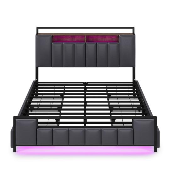 Upholstery Bed 160x200 Cm, Multifunctional Bed with LED Light, USB Socket, Drawers, Solid Iron Bed Frame, Youth Bed, Adult Bed, Double Bed, Synthetic