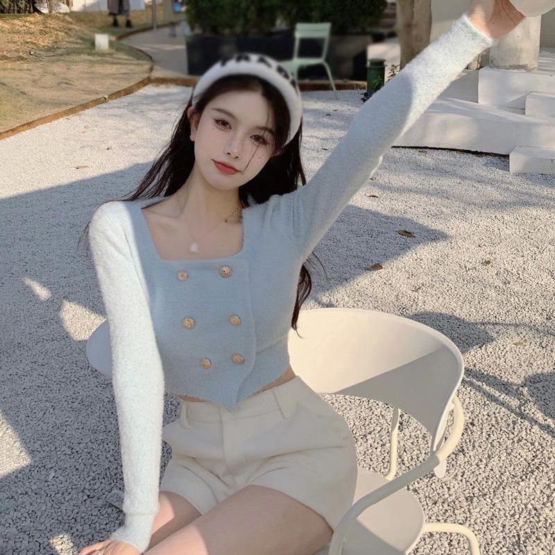 Women's Sweater Short Style Square Neck Long Sleeve