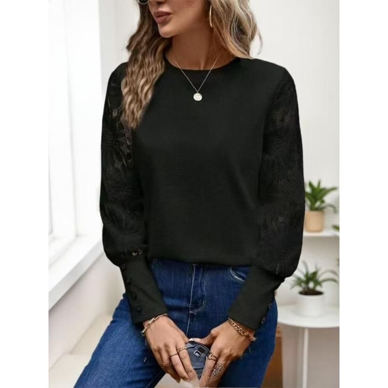 Autumn Solid Color Long Sleeved Embroidered Lace Patchwork Waffle Round Neck Top T Shirt