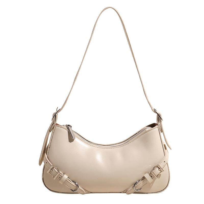 New Retro Solid Color Belt Zipper Fashion Shoulder Underarm Bag Premium Feeling Baguette Bag Messenger Bag