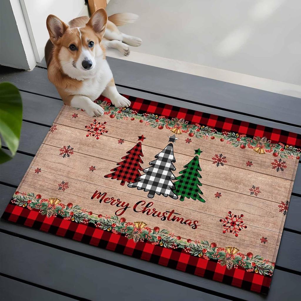 VIKAMA Retro Christmas Tree Entrance Rug Anti-Slip Kitchen Laundry Room Floor Mat Winter Welcome Door Mat Home Decoration