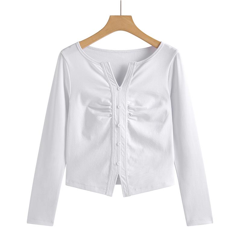 

Приталенный хлопковый топ с V-образным вырезом и длинным рукавом на весну 2025 года M белый