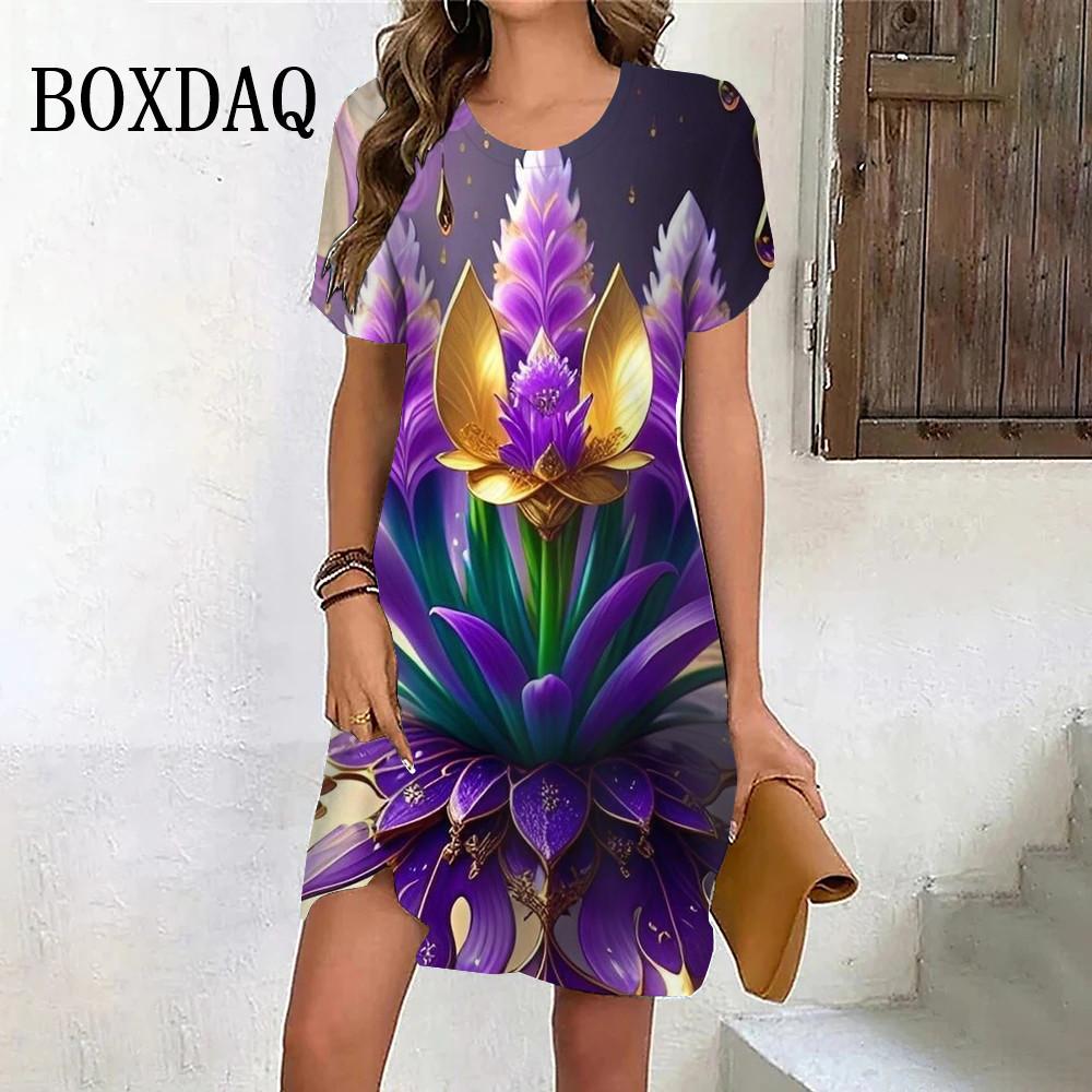 Nowe Letnie Sukienki na Imprezę Plażową Dla Kobiet Vintage Tie Dye Czerwony Różowy Kwiatowy Wzór Sukienka Krótki Rękaw Pulower Luźna Duży Rozmiar Sukienka