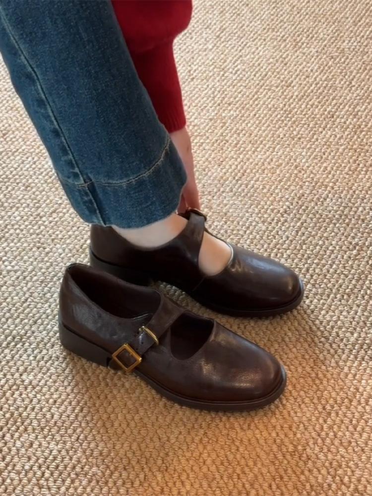 Leather Retro Round Head with Thick Heel Mary Jane Small Leather Shoes Women's New French Light Mouth Temperament Versatile Single Shoes