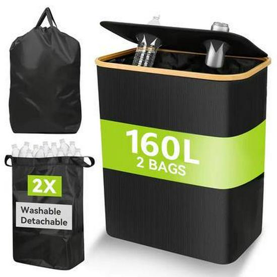 Foldable Bamboo Storage Bin with Lid for Kitchen Recycling