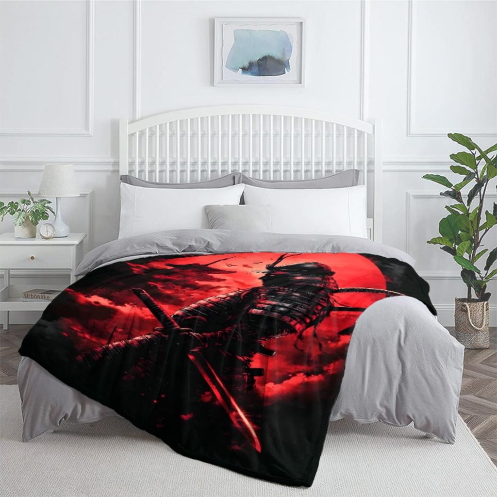 1pc Samurai Warrior Red Moon Fleece Blanket Flannel Throw Japanese Anime Art Bed Cover Ninja Sword Warrior Decor Gift