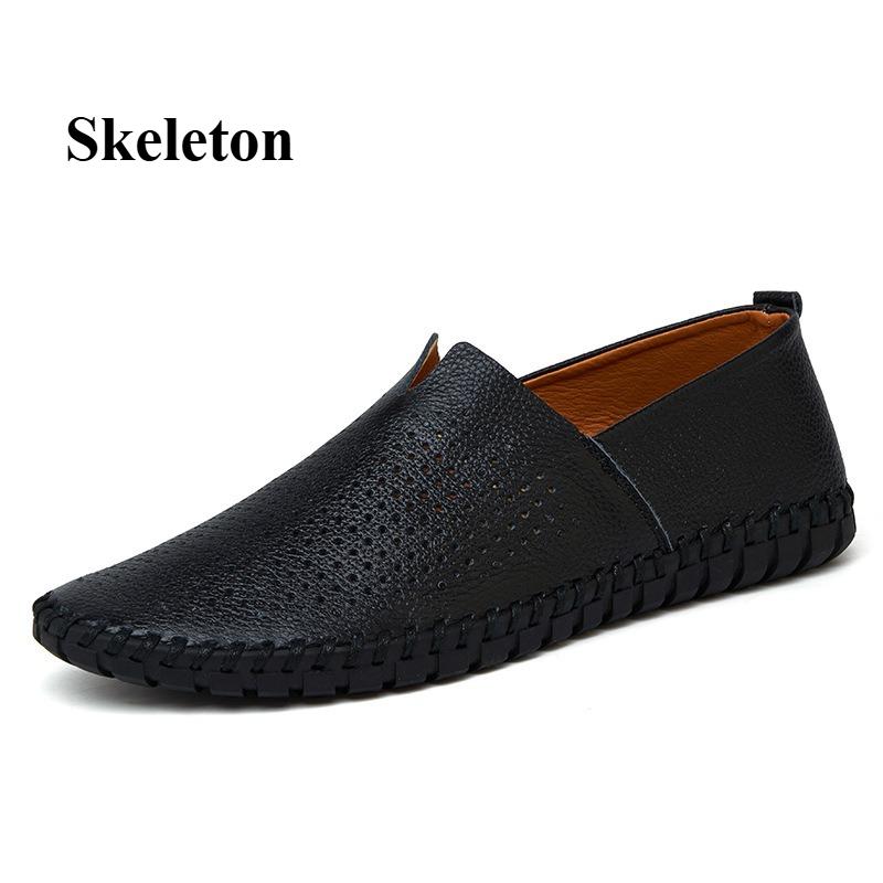 Men's Hollowed Out Leather Shoes Handmade Flat Moccasin Slip Into One Stirrup Casual Boat Shoes