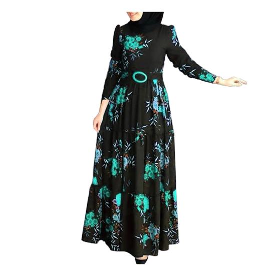 

Женщины с длинным рукавом мусульманское платье абая этнический цветочный принт пояс макси кафтан халат 2XL зелёный