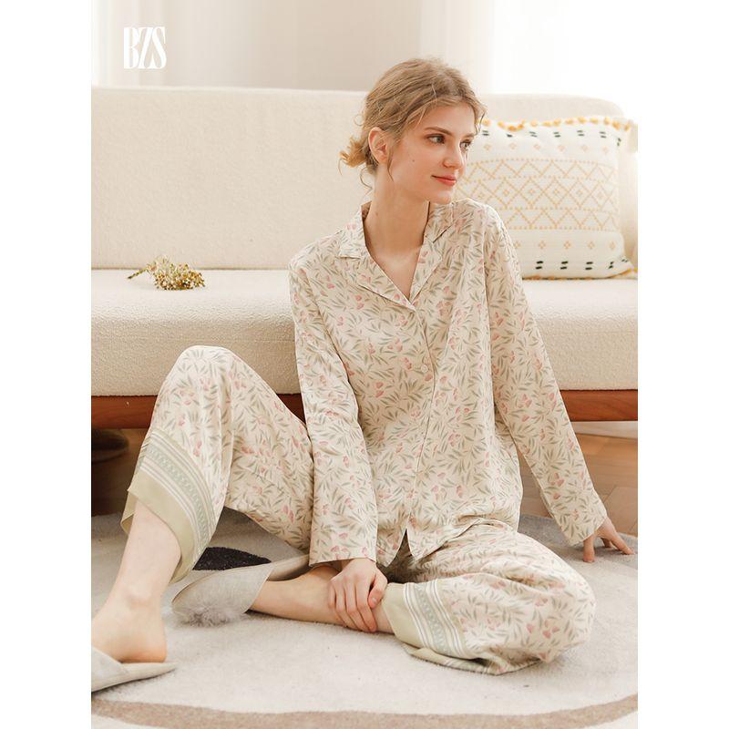 2024 Floral Pants Lily Long Sleeves Cotton Silk Short Sleeve Satin Cotton Silk Elegance Pajamas Can Be Outerwear Homewear Women