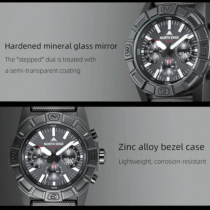 NORTH EDGE BLAZE Men's Watches Solar Power 316 stainless steel Case Quartz Watch For Men Pilot Sports Waterproof 50M Stopwatch