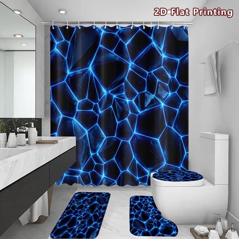 4-teiliges Modern Art Duschvorhang-Set mit rutschfester Badematte, Toilettendeckelbezug, Kontur-Teppich & 12 Haken, Badezimmerdekoration
