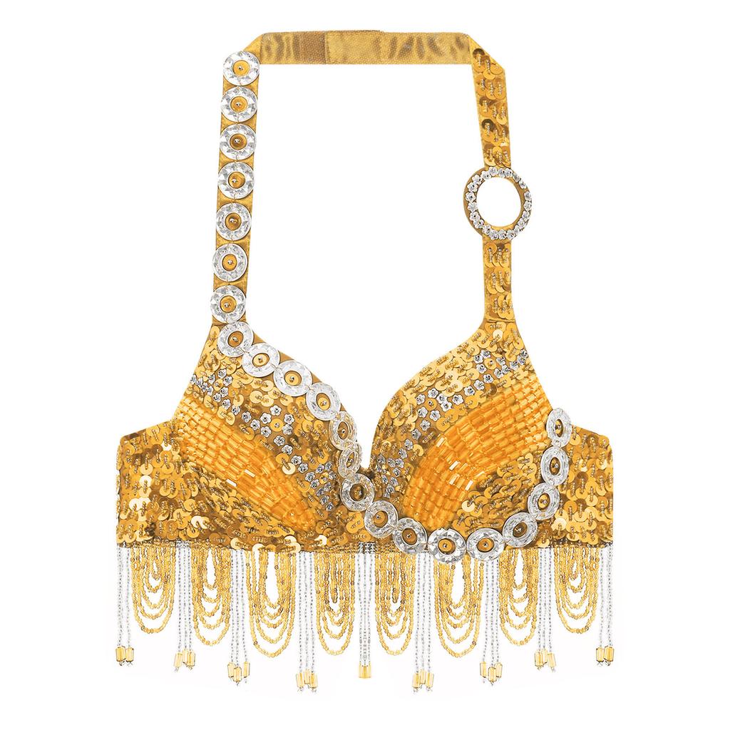 Women Belly Dance Halter Bra Top Sparkle Sequins Plastic Beads Tassel Rhinestone Dance Crop Top Performance Costume