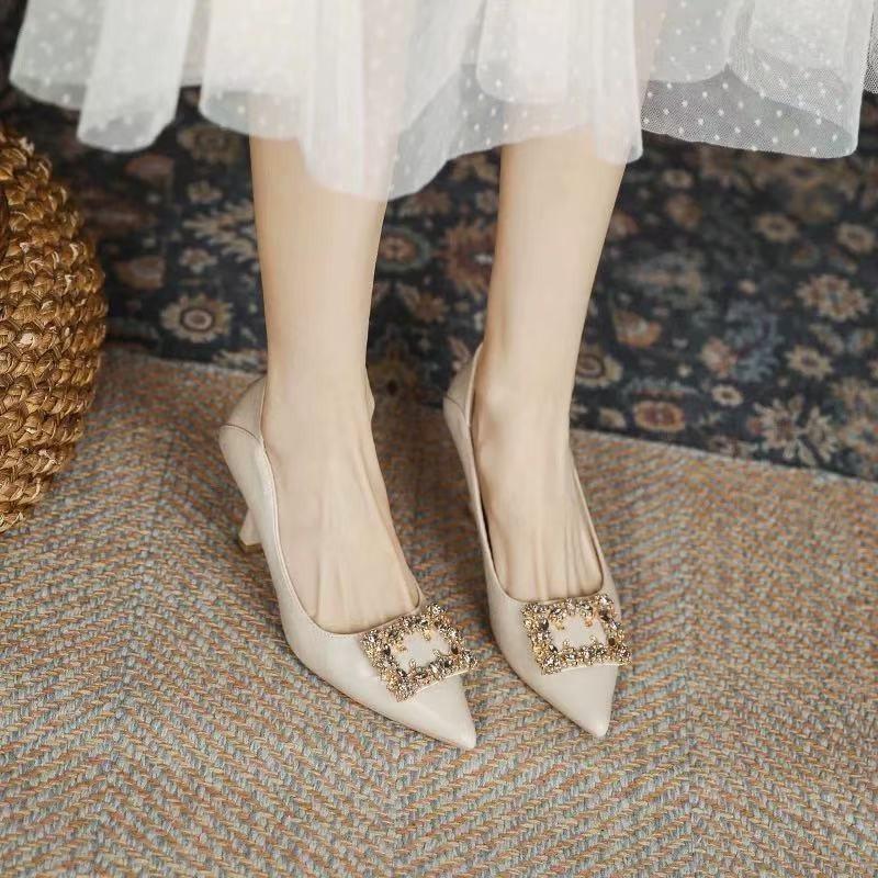 Summer Fashion Versatile Rhinestone High Heels Women's 2025 New Pointed Thin Heel Soft Leather Soft Sole Temperament Bridesmaid Shoes