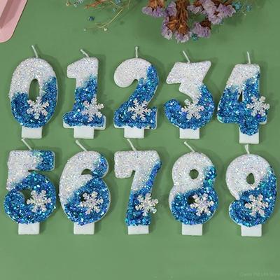 Modrá snehová vločka narodeninové mrazené sviečky 0-9 číslo tortová sviečka Princezná tortová torta Dekorácia narodeninovej párty velas decorativas