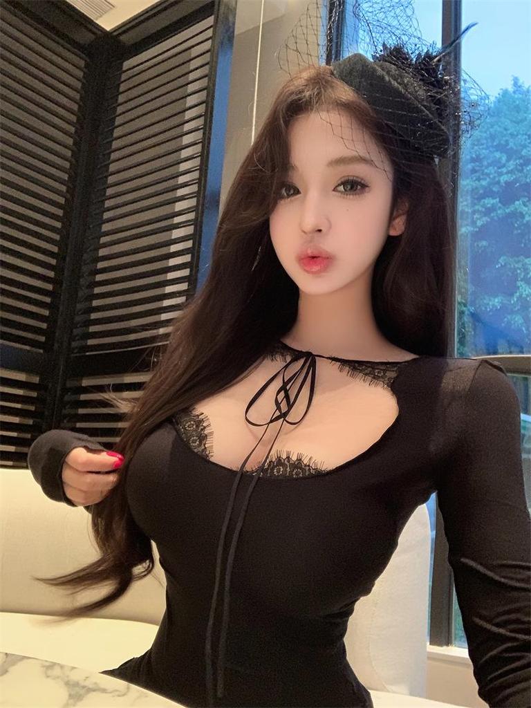 Spring 2026 Korean Yujie Style Black Lace-up Mesh Top Base Layer