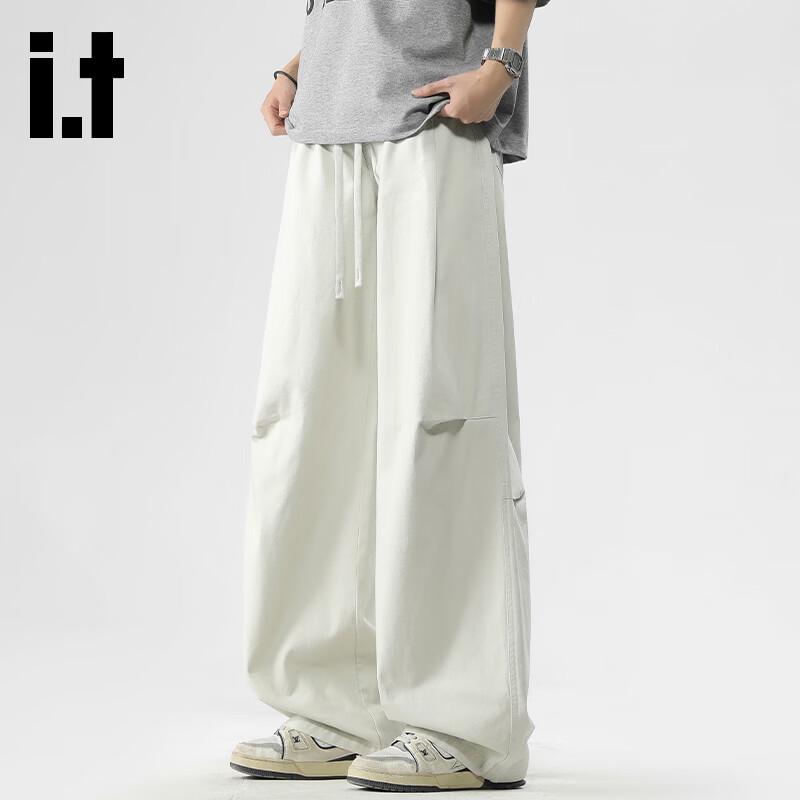 izzue Men's American Retro Pleated Wide-Leg Cotton Cargo Pants